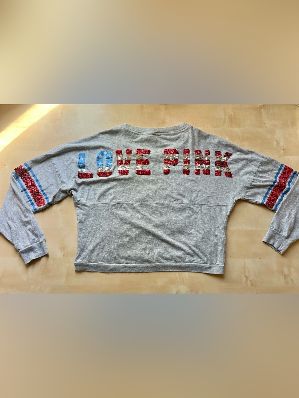 Gray 'LOVE PINK' Bling Patriotic Sequin Red White Blue Cropped Tee
